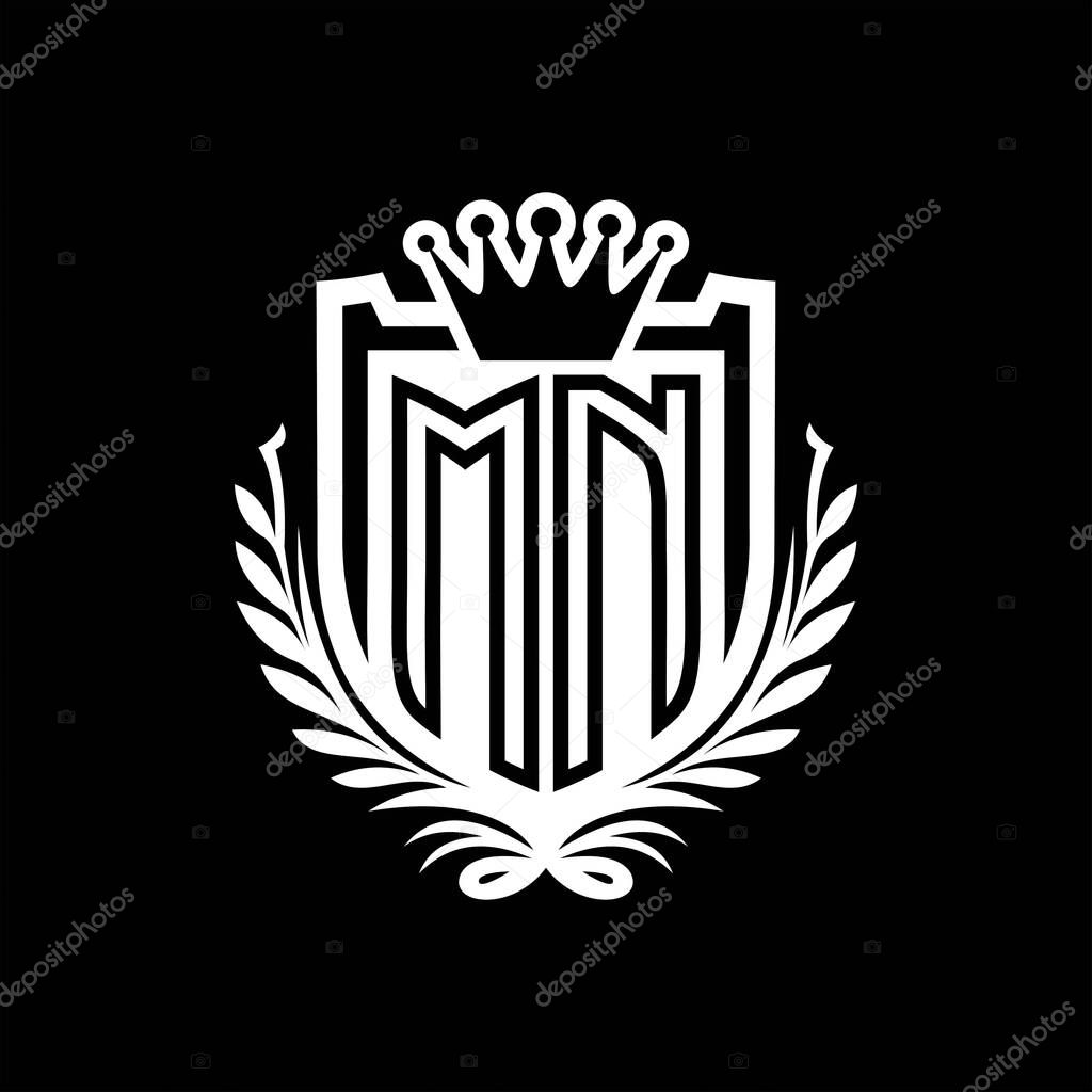 MN Letter logo heraldic shield shape with crown, vintage shield on black background template design