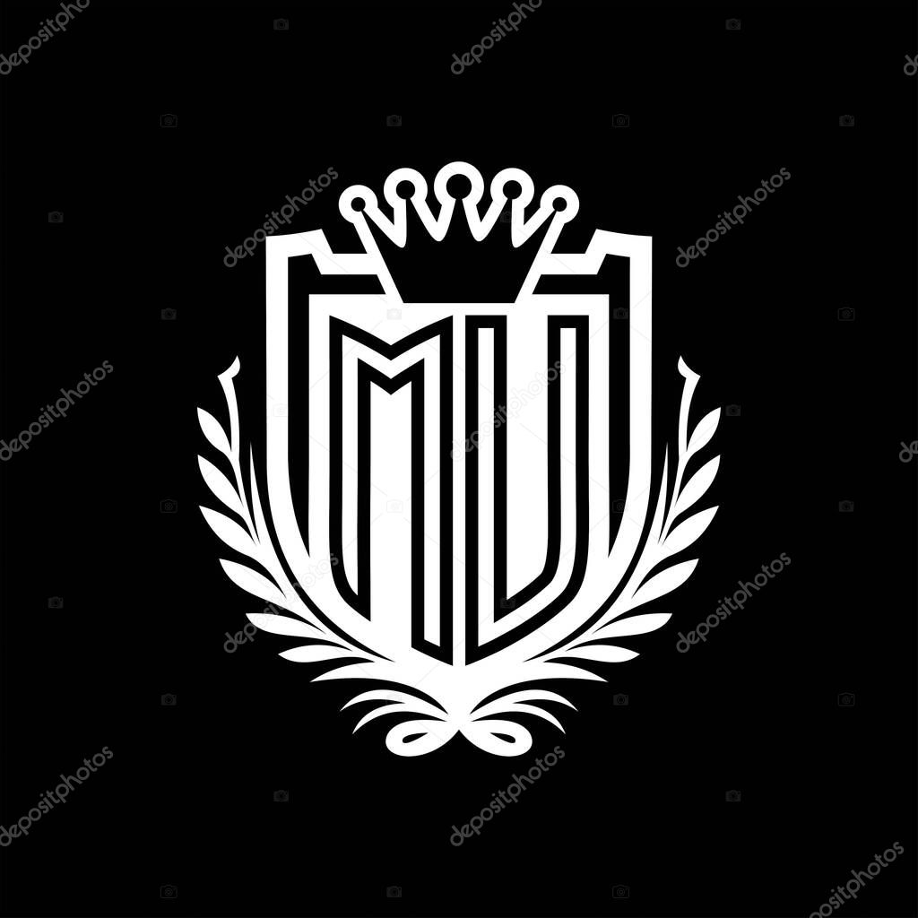 MU Letter logo heraldic shield shape with crown, vintage shield on black background template design