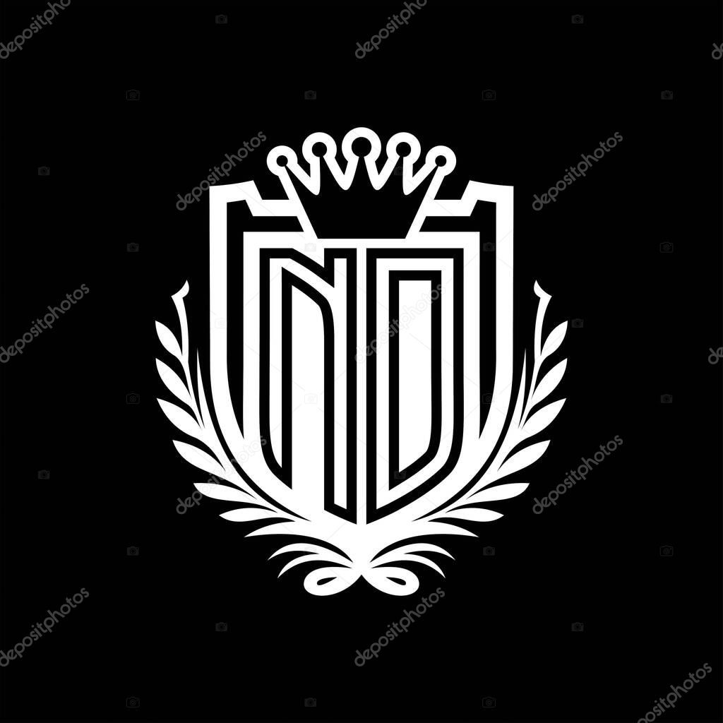 ND Letter logo heraldic shield shape with crown, vintage shield on black background template design