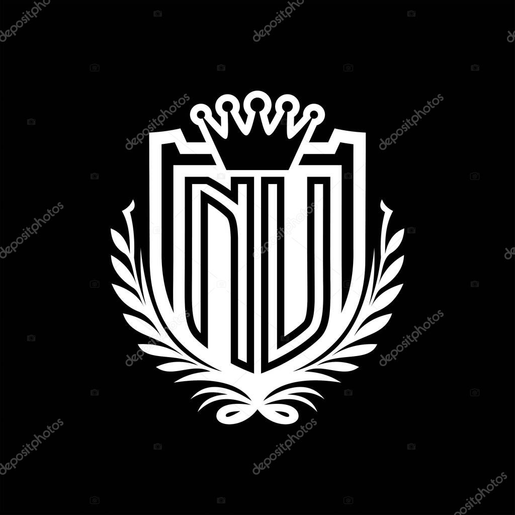 NU Letter logo heraldic shield shape with crown, vintage shield on black background template design