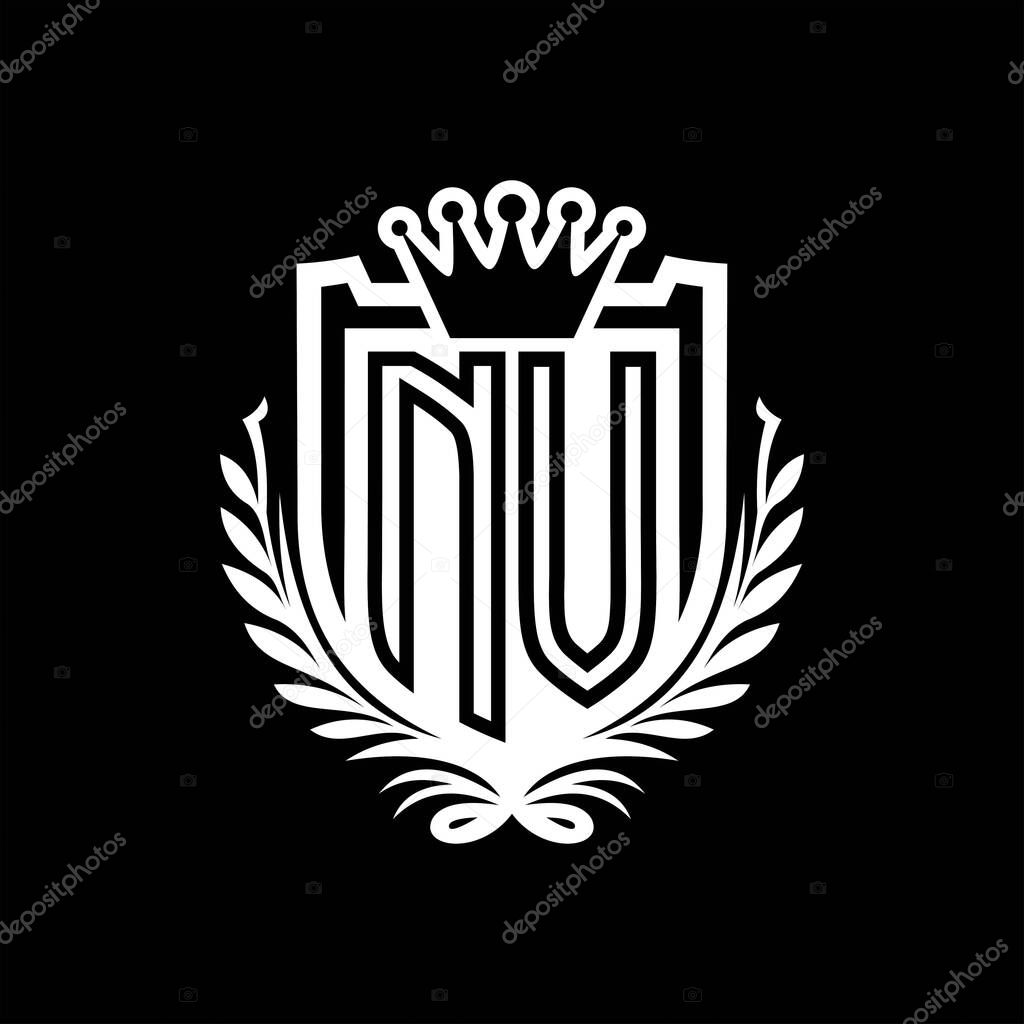 NV Letter logo heraldic shield shape with crown, vintage shield on black background template design