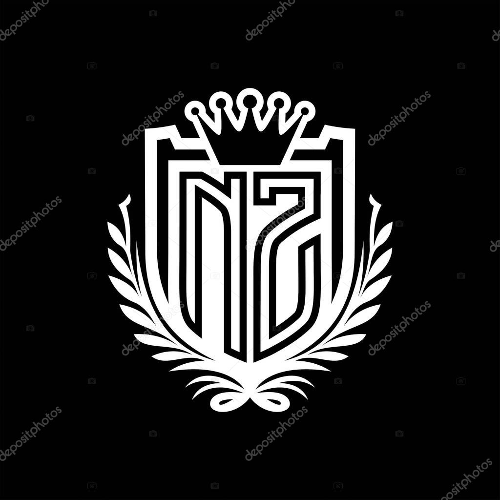 NZ Letter logo heraldic shield shape with crown, vintage shield on black background template design