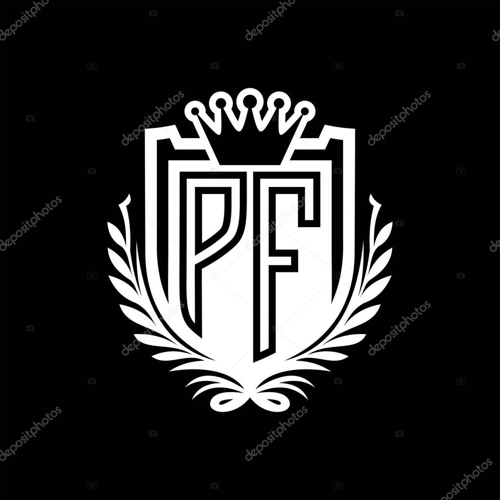 PF Letter logo heraldic shield shape with crown, vintage shield on black background template design