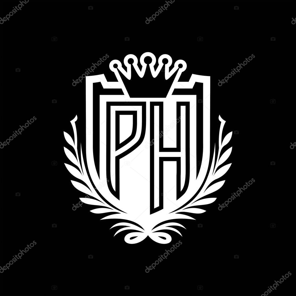 PH Letter logo heraldic shield shape with crown, vintage shield on black background template design