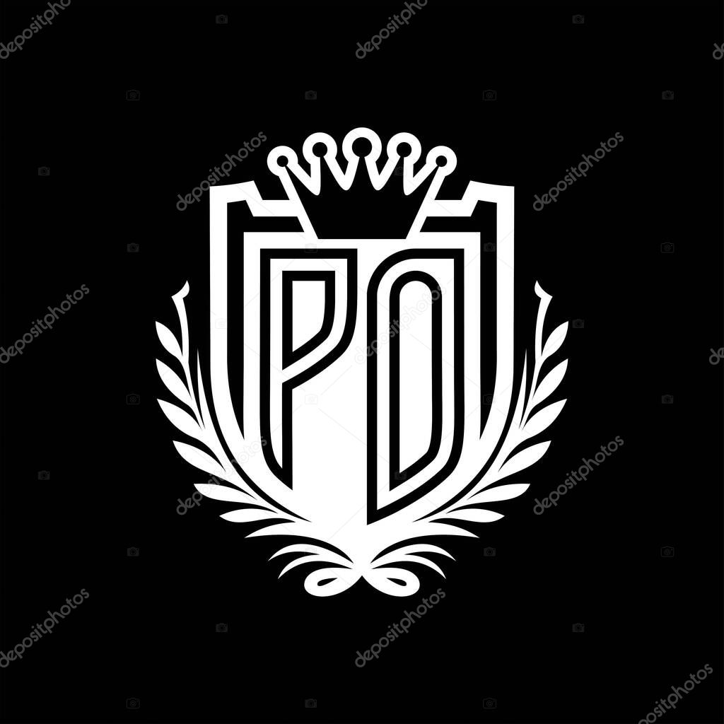 PO Letter logo heraldic shield shape with crown, vintage shield on black background template design