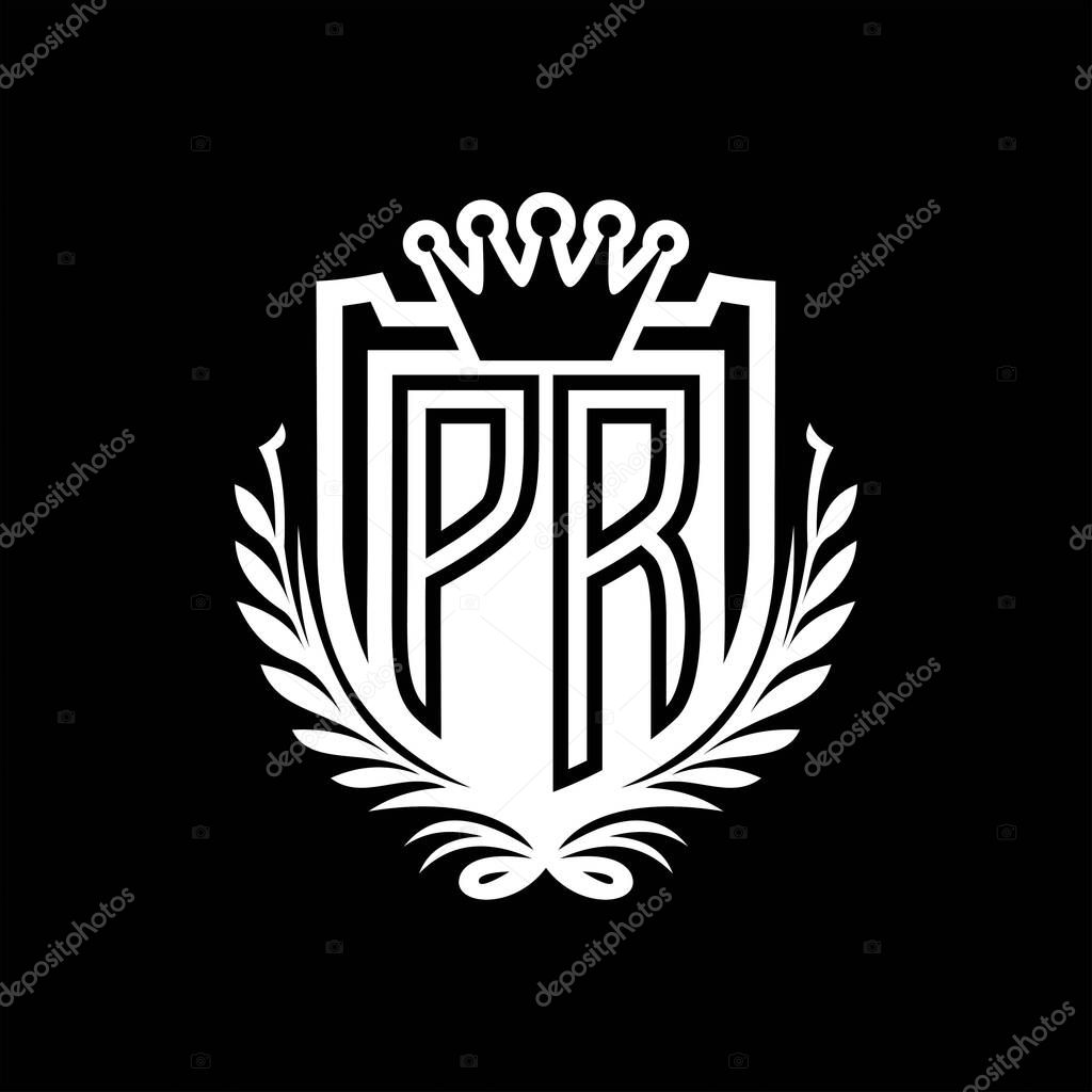 PR Letter logo heraldic shield shape with crown, vintage shield on black background template design