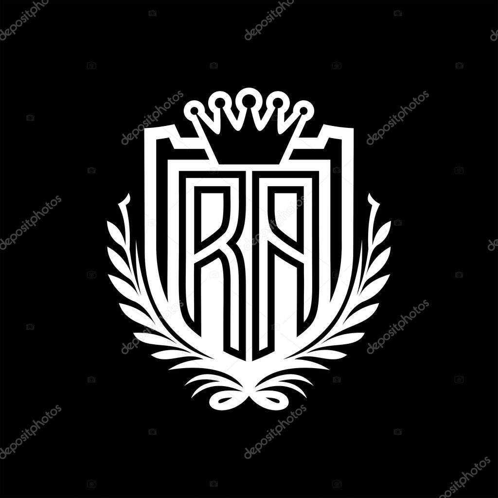 RA Letter logo heraldic shield shape with crown, vintage shield on black background template design