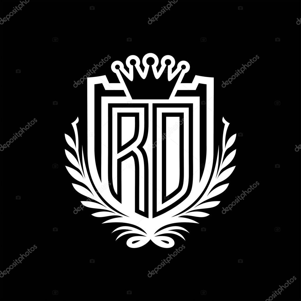 RD Letter logo heraldic shield shape with crown, vintage shield on black background template design