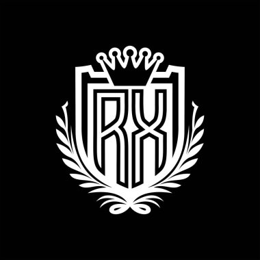 RX Harf logosu kraliyet kalkanı şeklinde ve kaplama şeklinde, siyah arkaplan şablonu üzerinde antika bir kalkan.