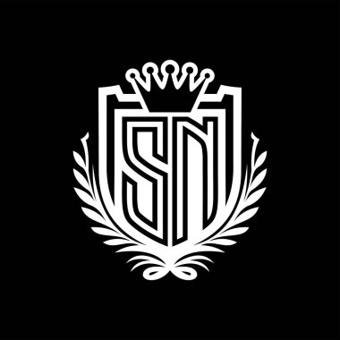 SN Letter logosu kraliyet kalkanı şekilli, siyah arkaplan şablonu dizaynında vintage kalkan