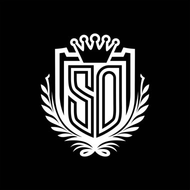 So Letter logosu kraliyet kalkanı şeklinde taç, siyah arkaplan şablonu dizaynında vintage kalkan