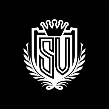 SV Letter logosu kraliyet kalkanı şeklinde ve taç, siyah arkaplan şablonu üzerinde vintage kalkan.