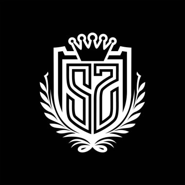 SZ Harf logosu kraliyet kalkanı şeklinde ve kaplama şeklinde, siyah arkaplan şablonu dizaynında vintage kalkan