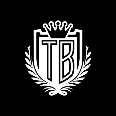 TB Harf logosu kraliyet kalkanı şeklinde ve taç, siyah arkaplan şablonu dizaynında vintage kalkan.