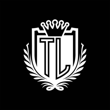 TL Letter logosu kraliyet kalkanı şeklinde taç, siyah arkaplan şablonu dizaynında vintage kalkan