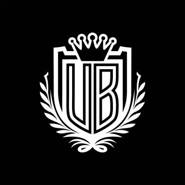 UB Harf logosu kraliyet kalkanı şeklinde ve kaplama şeklinde, siyah arkaplan şablonu üzerinde antika bir kalkan.