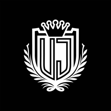 UJ Harfi logosu kraliyet kalkanı şeklinde ve kaplama şeklinde, siyah arkaplan şablonu dizaynında vintage kalkan