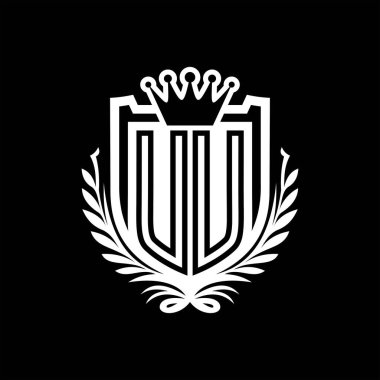 UU Letter logosu kraliyet kalkanı şeklinde ve kaplama şeklinde, siyah arkaplan şablonu üzerinde antika bir kalkan