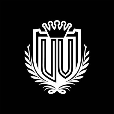 UV Harf logosu kraliyet kalkanı şeklinde ve taç, siyah arkaplan şablonu dizaynında vintage kalkan