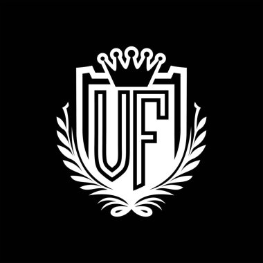 VF Harf logosu kraliyet kalkanı şeklinde ve taç, siyah arkaplan şablonu üzerinde vintage kalkan.