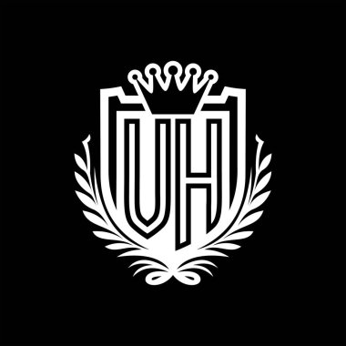 VH Harf logosu kraliyet kalkanı şeklinde ve taç, siyah arkaplan şablonu üzerinde vintage kalkan.