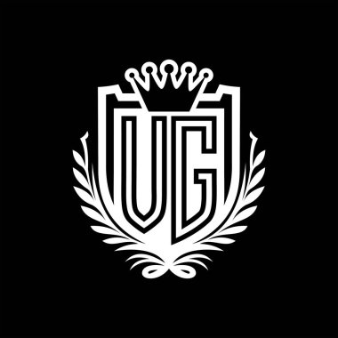 VG Harf logosu kraliyet kalkanı şeklinde ve taç, siyah arkaplan şablonu üzerinde vintage kalkan.