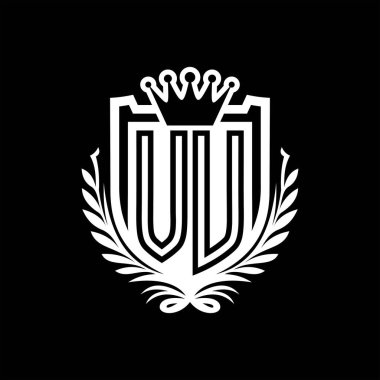 VU Letter logosu kraliyet kalkanı şeklinde ve taç, siyah arkaplan şablonu üzerinde vintage kalkan.
