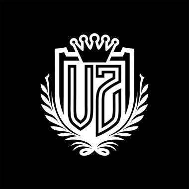 VZ Harfler logosu kraliyet kalkanı şeklinde ve taç, siyah arkaplan şablonu üzerinde vintage kalkan.