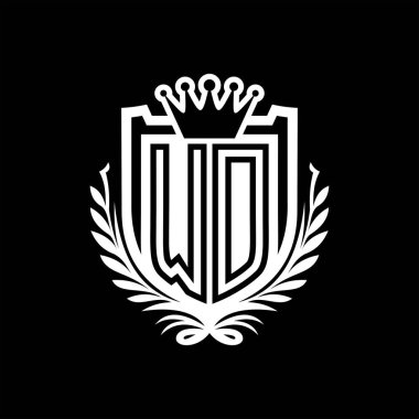 WD Letter logosu kraliyet kalkanı şeklinde ve kaplama şeklinde, siyah arkaplan şablonu üzerinde vintage kalkan.