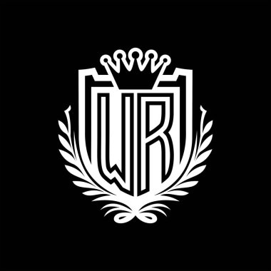 WR Letter logosu kraliyet kalkanı şekilli taç, siyah arkaplan şablonu tasarımı üzerinde vintage kalkan