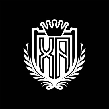 XA Harf logosu kraliyet kalkanı şeklinde ve kaplama şeklinde, siyah arkaplan şablonu dizaynında vintage kalkan