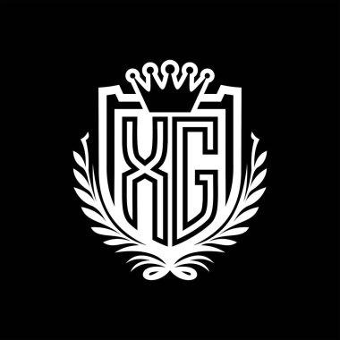 XG Harf logosu kraliyet kalkanı şeklinde ve kaplama şeklinde, siyah arkaplan şablonu üzerinde antika bir kalkan.