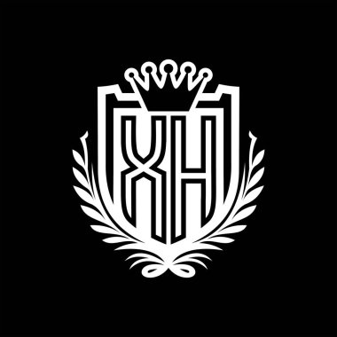XH Harf logosu kraliyet kalkanı şeklinde ve kaplama şeklinde, siyah arkaplan şablonu üzerinde antika bir kalkan.