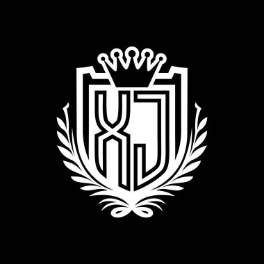 XJ Harf logosu kraliyet kalkanı şeklinde ve kaplama şeklinde, siyah arkaplan şablonu dizaynında vintage kalkan