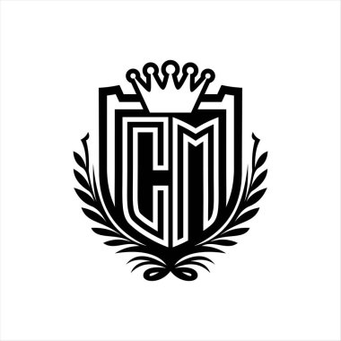CM Harf logosu kraliyet kalkanı şeklinde, beyaz arkaplan şablonu üzerinde vintage kalkan