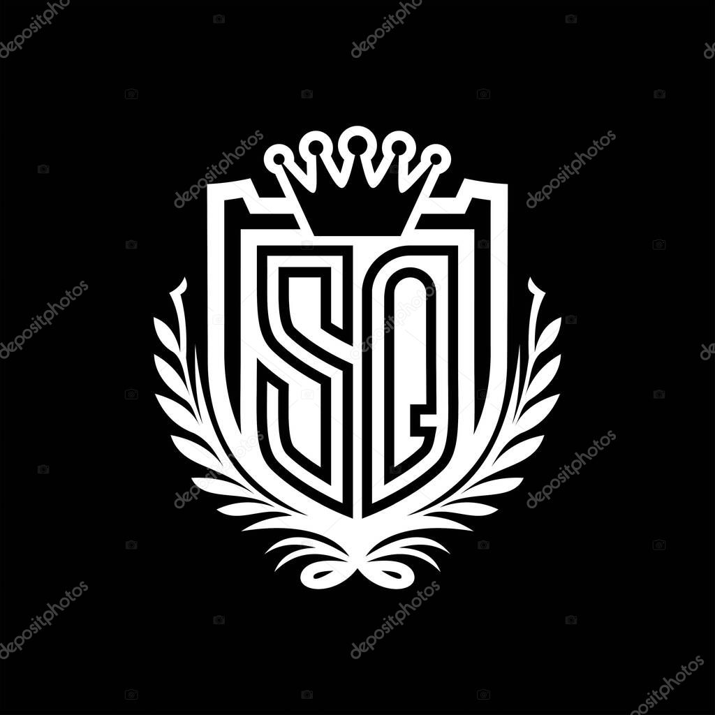 SQ Letter logo heraldic shield shape with crown, vintage shield on black background template design