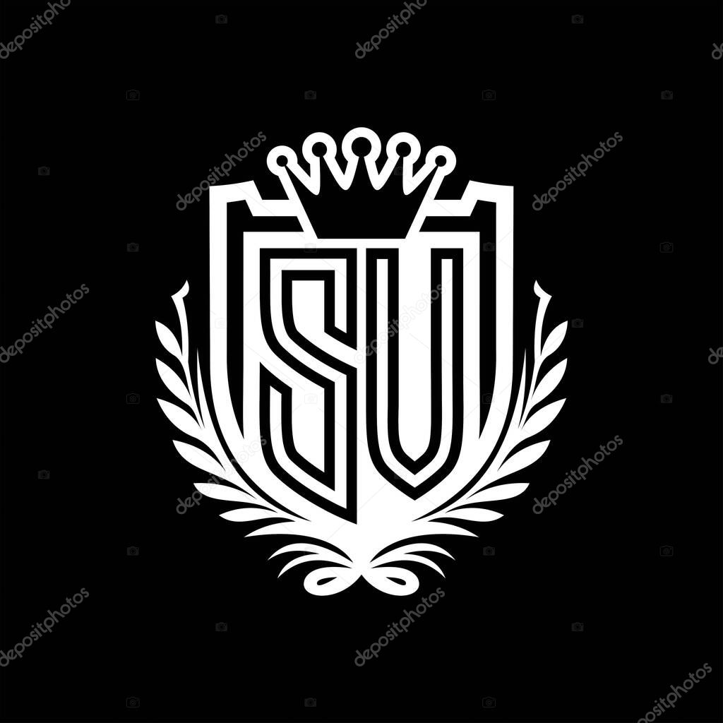 SV Letter logo heraldic shield shape with crown, vintage shield on black background template design