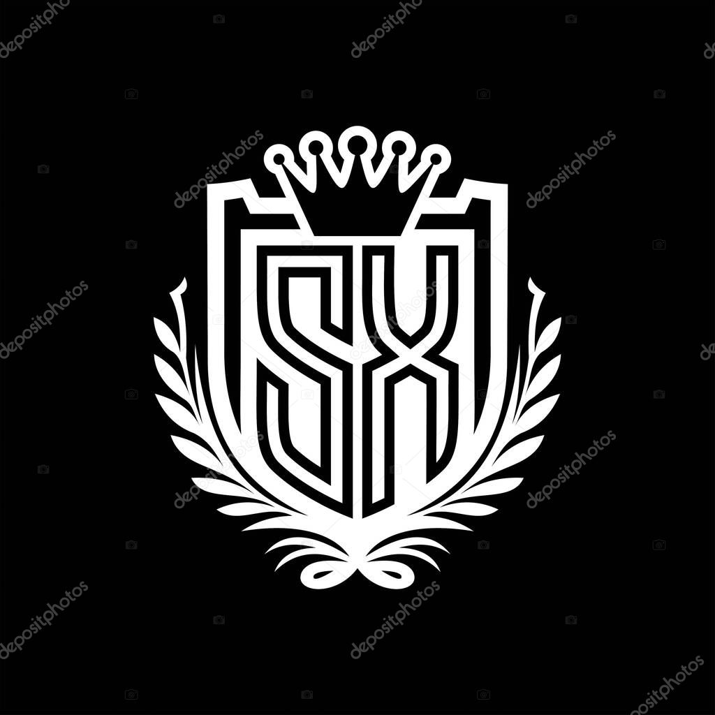 SX Letter logo heraldic shield shape with crown, vintage shield on black background template design