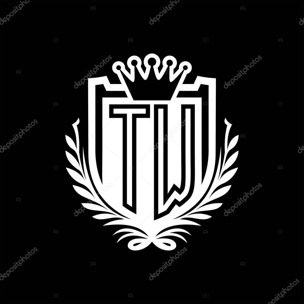 TW Letter logo heraldic shield shape with crown, vintage shield on black background template design
