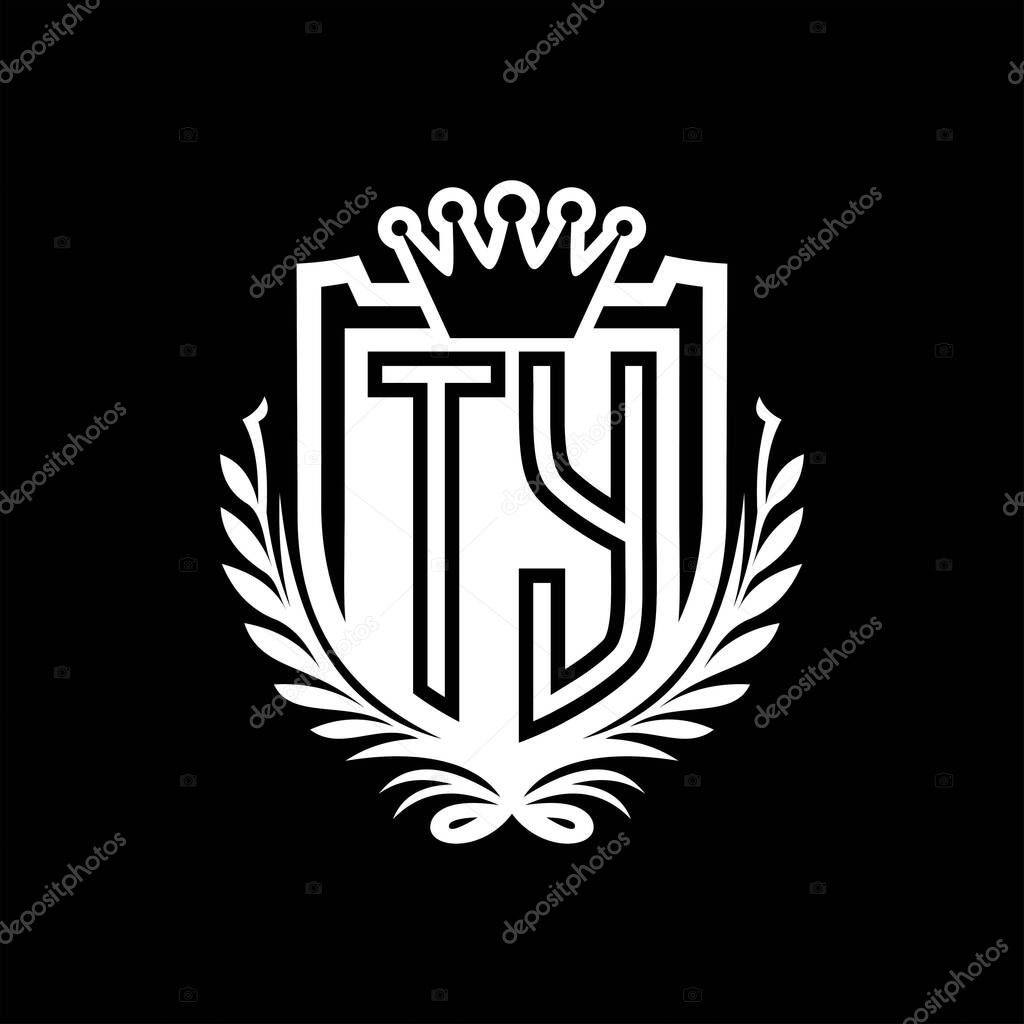 TY Letter logo heraldic shield shape with crown, vintage shield on black background template design