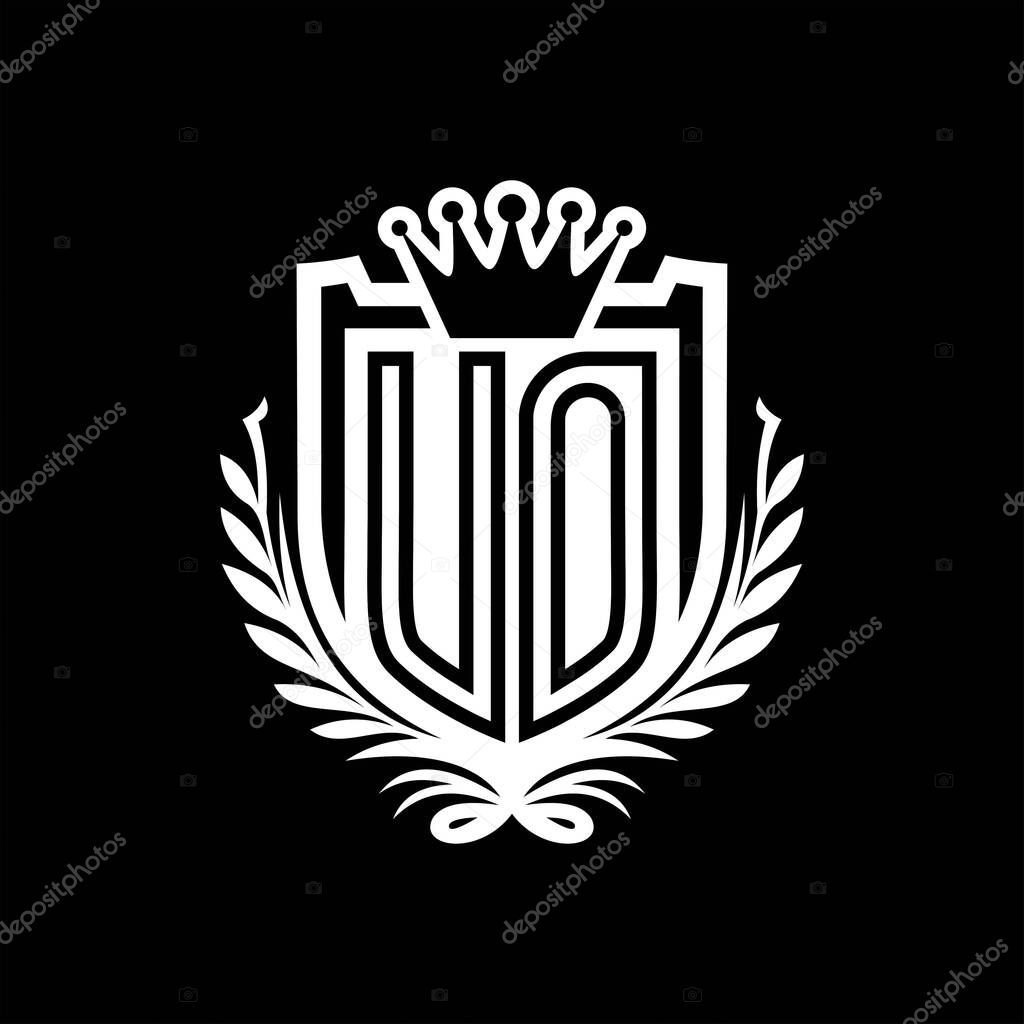 UO Letter logo heraldic shield shape with crown, vintage shield on black background template design