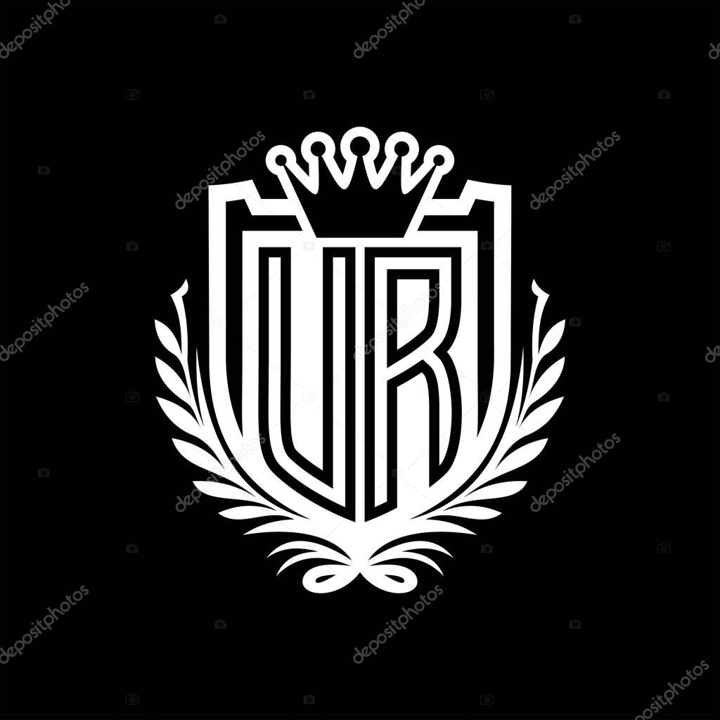 UR Letter logo heraldic shield shape with crown, vintage shield on black background template design