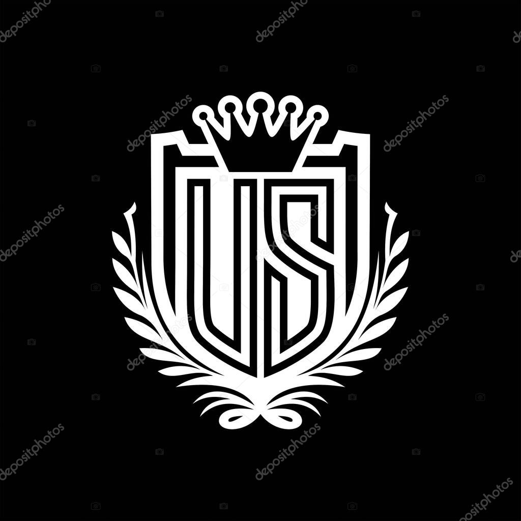 US Letter logo heraldic shield shape with crown, vintage shield on black background template design