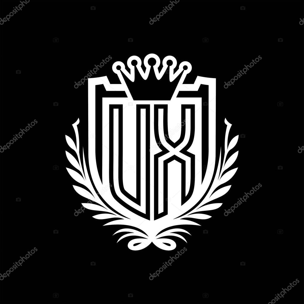 UX Letter logo heraldic shield shape with crown, vintage shield on black background template design