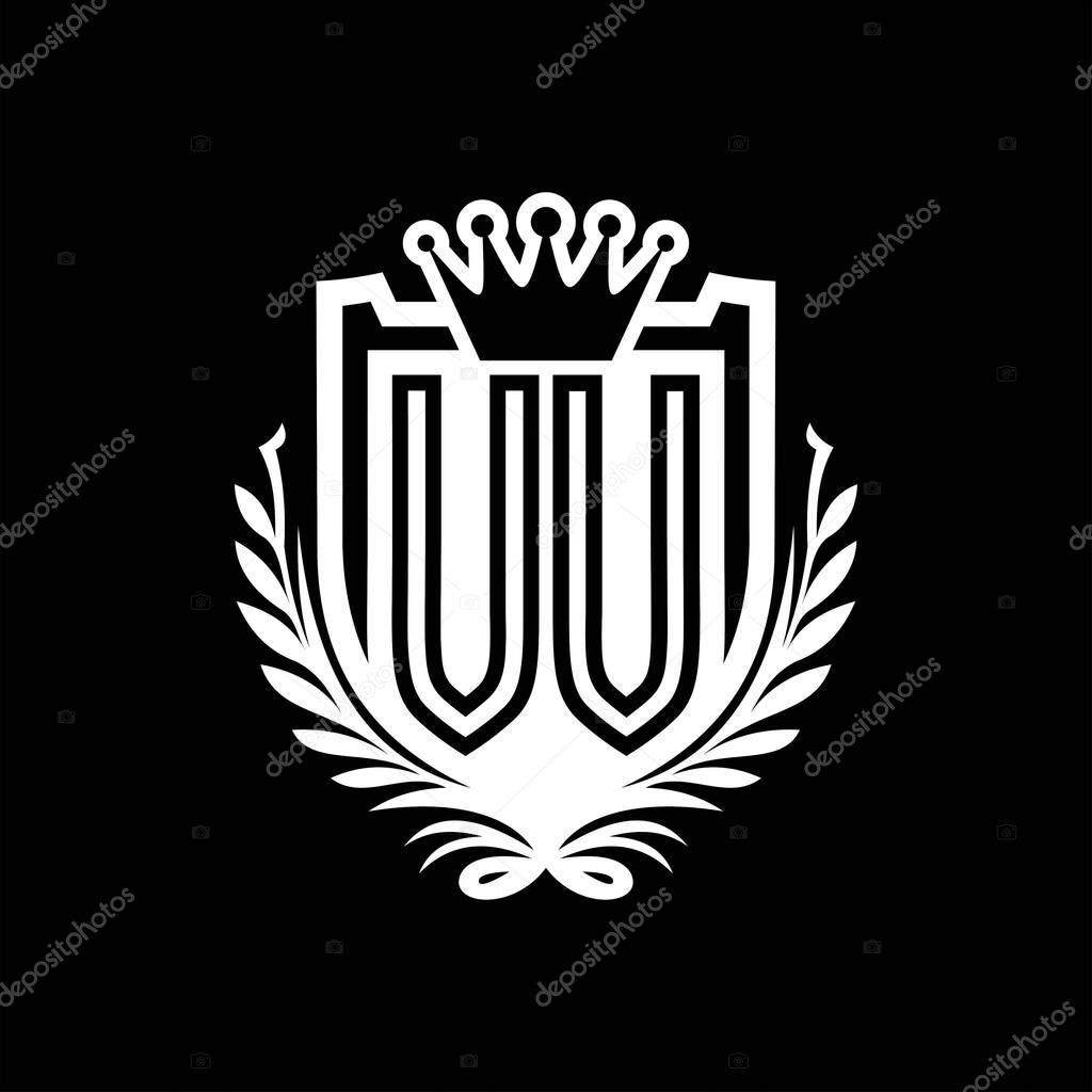 VV Letter logo heraldic shield shape with crown, vintage shield on black background template design
