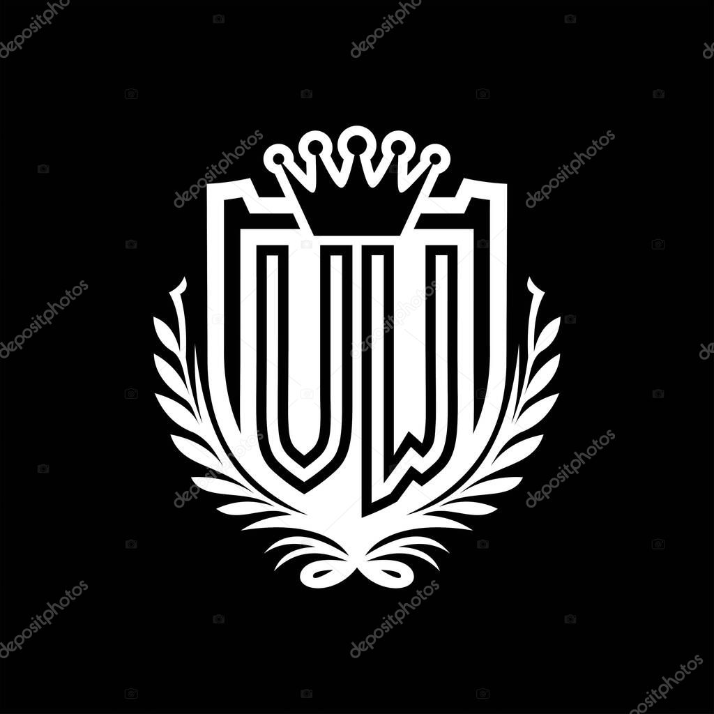 VW Letter logo heraldic shield shape with crown, vintage shield on black background template design