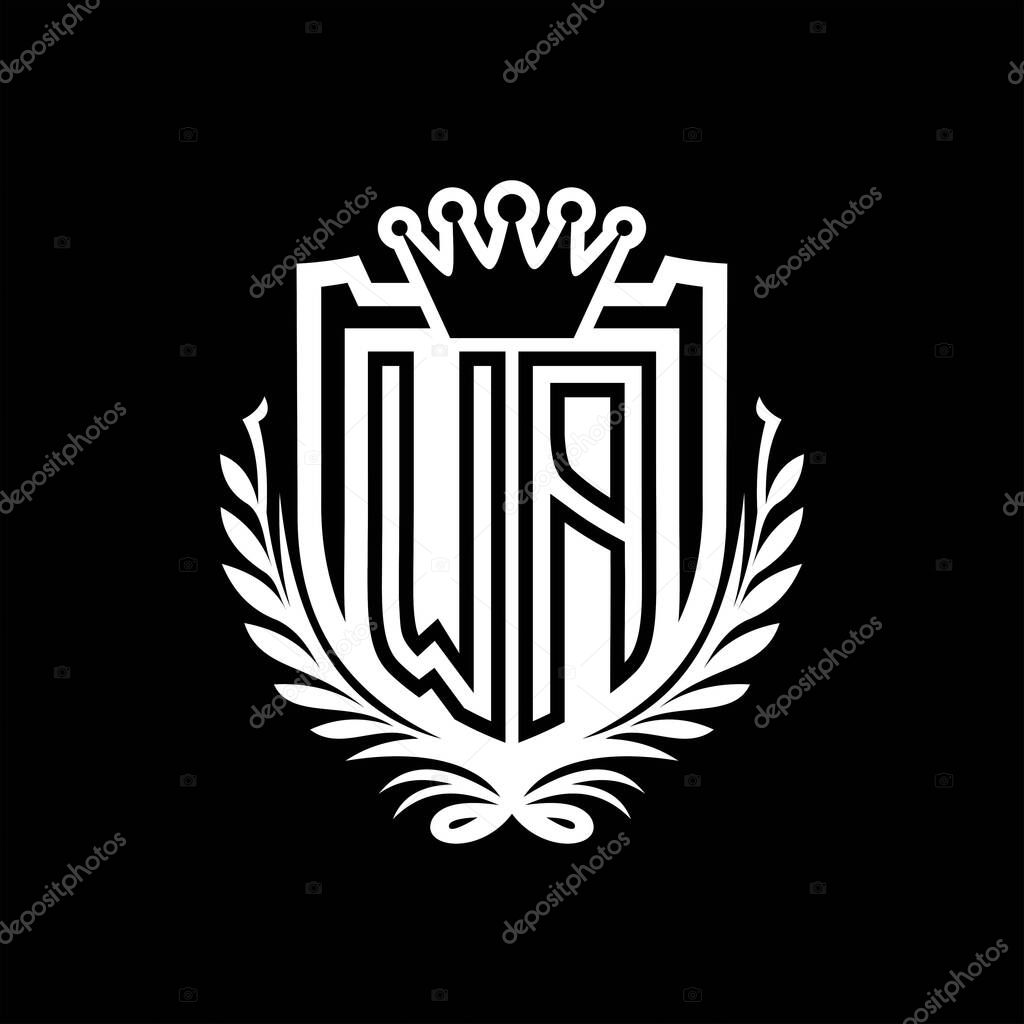WA Letter logo heraldic shield shape with crown, vintage shield on black background template design