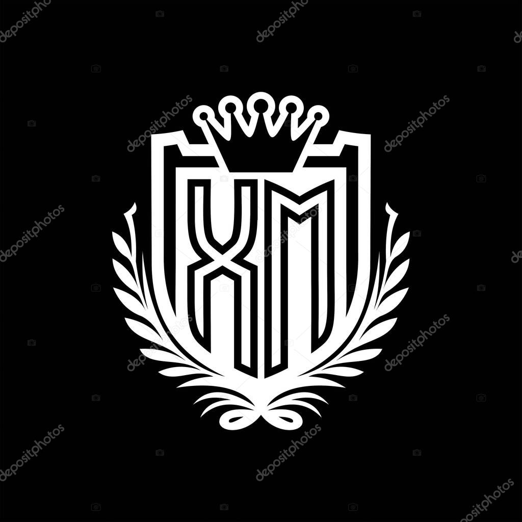 XM Letter logo heraldic shield shape with crown, vintage shield on black background template design