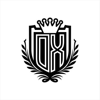 DX Harf logosu kraliyet kalkanı şekilli, beyaz arkaplan şablonunda vintage kalkan