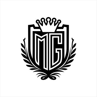 MG Letter logosu kraliyet kalkanı şeklinde, beyaz arkaplan şablonu üzerinde vintage kalkan